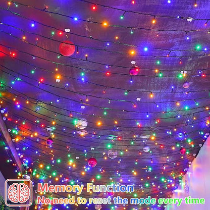 YEGUO 66ft 200 LED String Light Outdoor Waterproof, 8 Modes Christmas Lights Multicolor, Green Wire Twinkle Tree Light Plug in with Timer Memory