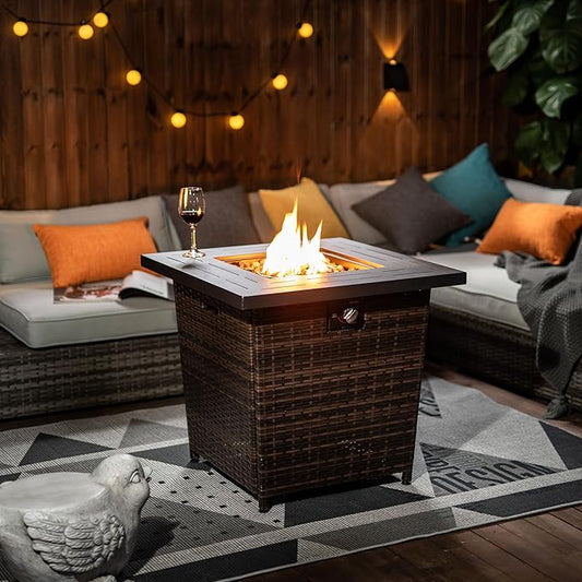 KEIKI 28 Inch Wicker Propane Fire Pit Table, Square Outdoor Gas Firepit with Rattan Base, 50000 BTU Patio Heater with Lid and Lava Rocks