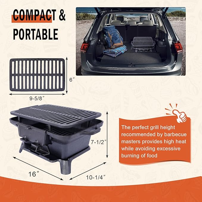 Portable Cast Iron Hibachi Grill - Pre-Seasoned Charcoal Grills, Double-Sided Grate & Adjustable Air Vents, BBQ for Camping, Backyard, Tailgating (Rectangle)