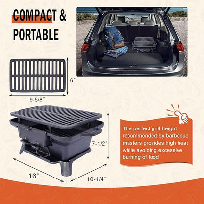 Portable Cast Iron Hibachi Grill - Pre-Seasoned Charcoal Grills, Double-Sided Grate & Adjustable Air Vents, BBQ for Camping, Backyard, Tailgating (Rectangle)