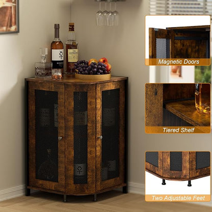 JKsmart 3-Tier Corner Bar Cabinet, Liquor Cabinet with Open Shelf & Door | Space-Saving Corner Design, Home Bar Display for Wine, Liquor & Coffee, Rustic Brown Wine Cabinet for Kitchen and Dining Room