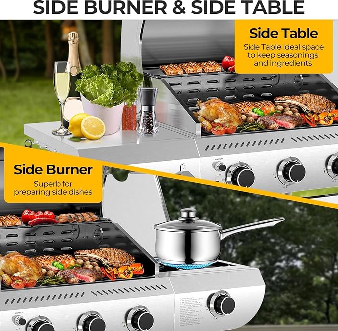 Electactic 3-Burner Propane Gas Grill with Side Burner, 34,000 BTU Stainless Steel BBQ Grill with Enameled Cast Iron Grates, Built-In Thermometer, Barbecue Grill for Outdoor Cooking, Patio, Tailgates