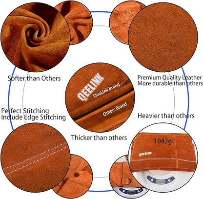 QeeLink Leather Welding Apron with 6 Pockets - Heat & Flame-Resistant Apron, 24'' X 42'', Adjustable M to XXXL