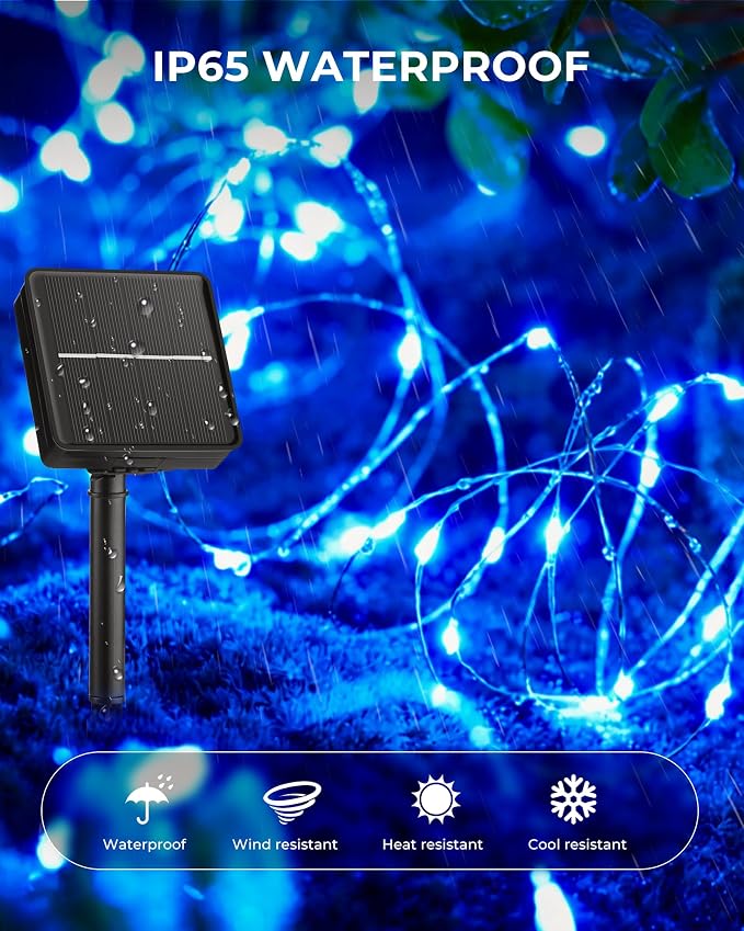 Solar String Lights for Outside, 33Ft 100 LED Fairy Lights Blue ＆ white | IP65 Waterproof Solar Twinkle Lights Outdoor & Indoor, Patio Lights for Tree Garden Christmas Party Wedding Decoration