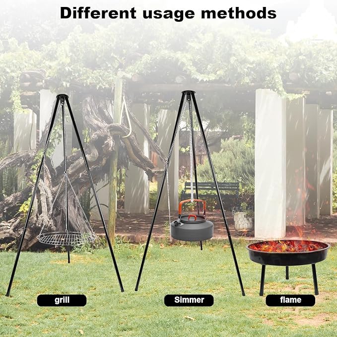 campfire grill, campfire tripod with a barbecue basin, suitable for outdoor travel and gatherings (chain)