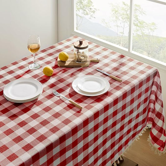 Softalker Checkered Tablecloth Rectangle, Outdoor Linen Cotton Gingham Table Cloth with Tassel, Heavy Duty Wrinkle Free Buffalo Plaid Table Cover for Kitchen Dining Summer Party - 55 x 84 Inch, Red