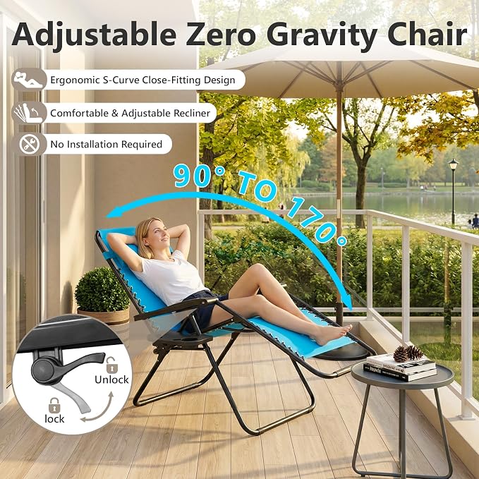 Zero Gravity Chairs Set of 2 with 9FT Patio Umbrella, Adjustable Folding Outdoor Recliner with Pillow & Cup Holder, Waterproof UV Protection Market Umbrella for Pool, Beach, Patio, Camping