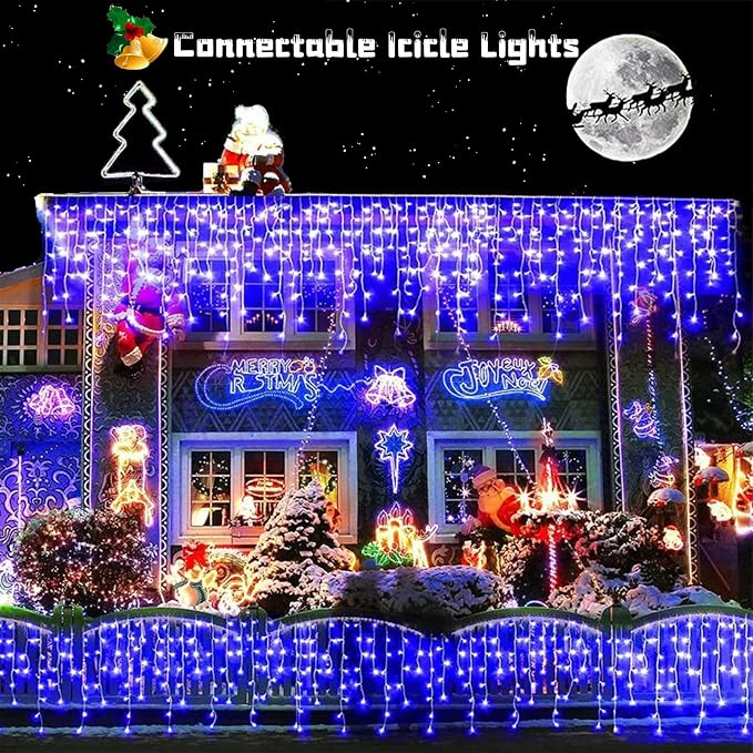 YEGUO 400 LED Blue Icicle Lights Outdoor Waterproof, 33ft 80 Drops Icicle String Lights Connectable, 8 Modes Icicle Christmas Lights with Memory
