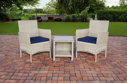 Outdoor Wicker Conversation 3 Piece Bistro Set Garden Patio Yard Porch Furniture Space Saving Pe Rattan 2 Chairs Cushions Side Storage Glass Table Stone Gray/Navy Blue 3pc