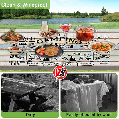 JAWO Wooden Plank Camping Camper Picnic Table Cover with Bench Covers, Camper RV Essentials Gear Supplies Outdoor Waterproof Windproof Tablecloth with Elastic, 30X96in