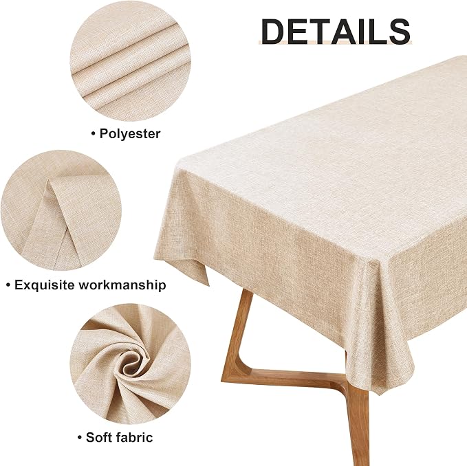 Wolkemer Faux Linen Rectangle Tablecloth Heavy Duty Wrinkle Resistant Fabric Table Cloths 60 x 84 Inch Beige Farmhouse Oblong Table Cover for Kitchen Dining Indoor Outdoor Tabletop Decoration