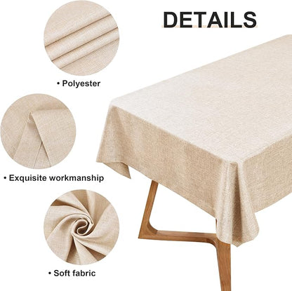Wolkemer Faux Linen Rectangle Tablecloth Heavy Duty Wrinkle Resistant Fabric Table Cloths 60 x 84 Inch Beige Farmhouse Oblong Table Cover for Kitchen Dining Indoor Outdoor Tabletop Decoration
