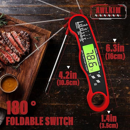 2 Pack Fast Instant Read Meat Thermometer with Backlight - Waterproof Digital Food Probe for Grilling, Cooking, Baking & Candy Making - Kitchen & BBQ Essential(Red)