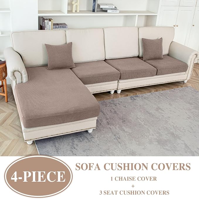 LA MEACK Couch Cushion Covers for Sectional Sofa L Shape Washable Separate Seat Chaise Couch Cover Stretch Sofa Slipcovers with 2 Pcs Pillowcases(3 Seater + 1 Chaise, Khaki)