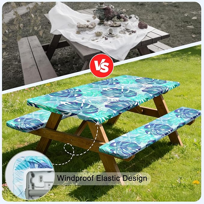 Picnic Table Cover with Bench Covers Windproof Waterproof Picnic Table Covers Camping Tablecloth with Self-Storage Bag, 72in, Tropical Aqua