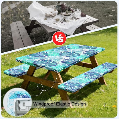 Picnic Table Cover with Bench Covers Windproof Waterproof Picnic Table Covers Camping Tablecloth with Self-Storage Bag, 72in, Tropical Aqua