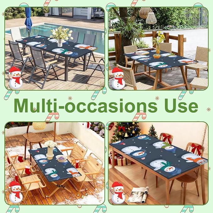 Christmas Picnic Table Cover with Bench Covers Set, Elastic Fitted Tablecloth for Outdoor Picnic Tables, Blue Snowman Design, Durable Vinyl Table Cover for Winter Camping, BBQs, and Holiday