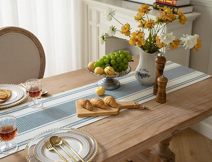 Caflife Boho Table Runner Blue and White for Modern Farmhouse Decor, Natural Cotton Woven Runner with Tassels for Home Dining Table décor 13 x 60 Inch Long