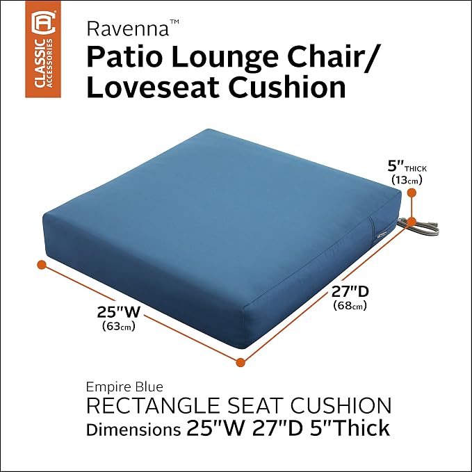 Classic Accessories Ravenna Water-Resistant Patio Lounge Chair/Loveseat Cushion, 25 x 27 x 5 Inch, Empire Blue, Rectangle Outdoor Seat Cushion
