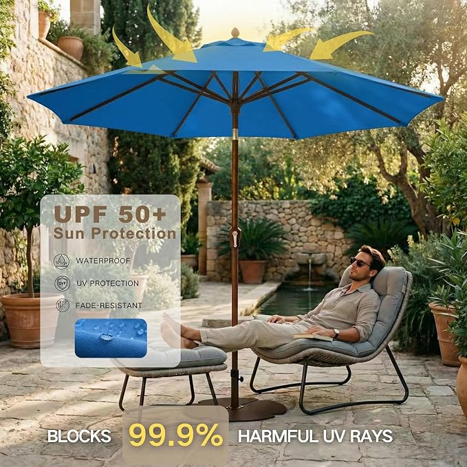 Kingdura 9FT Outdoor Patio Umbrella, Round Market Table Umbrella with Push‑Button Tilt and Crank Lift, 8 Sturdy Metal Ribs, UV50+ Protection Canopy for Backyard, Lawn, Deck, Poolside, Garden (Royal blue)