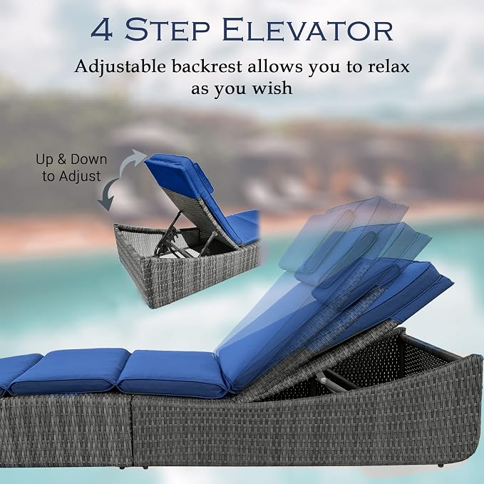 BTEXPERT Outdoor Chaise Lounges Pool Cushioned Chair Wicker Patio Rattan Poolside Folding Space Saving Sun Lounger Adjustable Backrest Couch Reclining Fully Assembled Blue One Piece