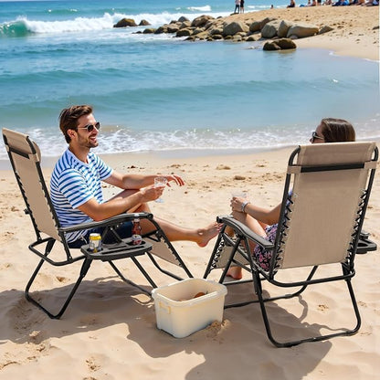 Greesum Zero Gravity Chairs Set of 2 Adjustable Steel Mesh Recliners Beach Deck Lawn Camping Patio Foldable Lounge Chair with Cup Holder Trays and Pillows,Cream-Coloured