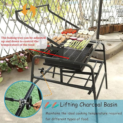 Extra Large Charcoal Grill, 360° Rotating Charcoal Grill, Portable Smoker Stainless Steel Grill With Liftable Charcoal Brazier, Camping Grill