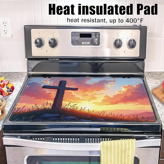 Wood Cross Stove Top Covers for Electric Stove,Easter Sunrise Glass Top Stove Cover, Heat Resistant Range Covers for Electric Stove,Washable Countertop Mat, 28 x 20 Inch