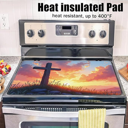 Wood Cross Stove Top Covers for Electric Stove,Easter Sunrise Glass Top Stove Cover, Heat Resistant Range Covers for Electric Stove,Washable Countertop Mat, 28 x 20 Inch