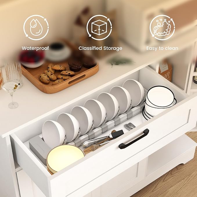 WAYTRIM Kitchen Hutch Cabinet with Storage, White Pantry Cabinet with 4 Doors and Shelves, Pantry Cabinet with Microwave Shelf & Drawers & Adjustable Shelves for Kitchen Dining Room Furniture