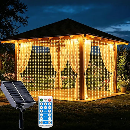 Solar Curtain Lights Outdoor Waterproof, 300LED 9.8x9.8FT Fairy String Lights with USB-C & Solar Charging, Remote Timer Twinkle Waterfall Lights for Patio Garden Wedding Decor (Warm)
