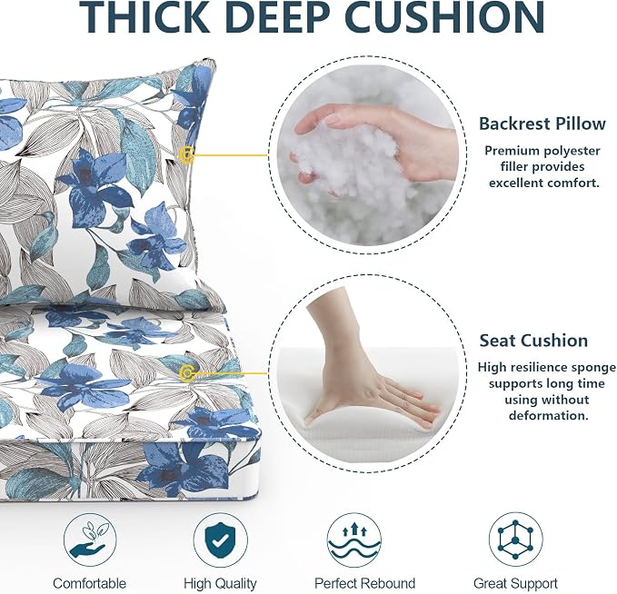 DYTXIII Outdoor Deep Seat Cushion Set, Water Repellent 22"x22" Patio Thick Cushions Replacement with Seat & Back Pillow for Patio Sofa, Wicker Chair, Couch - Clemens Noir Blue