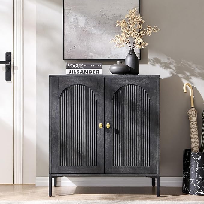 IFBUY Modern Sideboard Buffet Cabinet, 34" Tall Fluted Arched Buffet Cabinet with Storage and Adjustable Shelves, Wooden Modular Coffee Bar Cabinets for Kitchen, Entryway, Dark Grey
