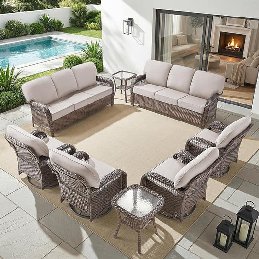 Belord Patio Chairs Set and 3-seat Sofa, Wicker Swivel Rocker Outdoor Chairs for Deck Yard and Poolside, 8 Piece Luxury Patio Furniture Set,Beige