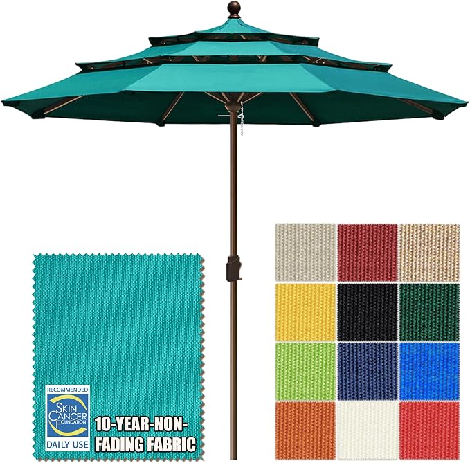 EliteShade USA 10-Year-Non-Fading 10ft 3-Tier Market Patio Umbrella, Commercial Grade Outdoor Table Umbrella with Crank Open, Windproof & UPF 50+ UV Protection, Heavy Duty Ventilation for Garden, Deck, Pool, Backyard, Beach & Bistro, No Tilt, Teal