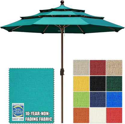 EliteShade USA 10-Year-Non-Fading 10ft 3-Tier Market Patio Umbrella, Commercial Grade Outdoor Table Umbrella with Crank Open, Windproof & UPF 50+ UV Protection, Heavy Duty Ventilation for Garden, Deck, Pool, Backyard, Beach & Bistro, No Tilt, Teal
