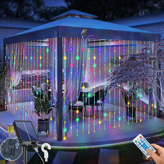 Solar Curtain Lights Outdoor 10 x 10Ft 300LED Waterproof Waterfall Light with 8 Modes Remote USB Rechargeable Dimmable Timer Twinkle Fairy String Lights for Outdoor Christmas Gazebo Wedding Pergola