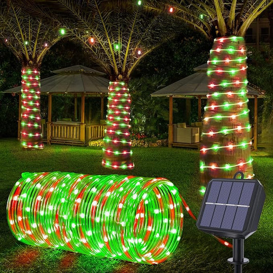 Solar Rope Lights, 33ft 100LED Solar String Lights, 8 Modes Waterproof Solar Outdoor Light, Flexible Clear Trampoline Light for Garden Backyard Patio Deck Porch Pool Tree Decoration - Red & Green
