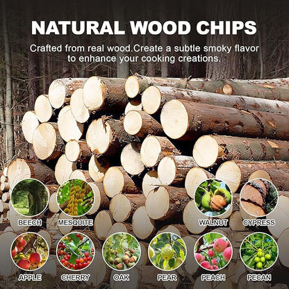 10 Pack Natural Wood Chips for Smoker Grill and Smoking Gun, Apple, Cherry, Oak, Pear, Peach, Pecan, Beech, Mesquite, Walnut & Cypress About 90g Each, Smoker Woodchips for BBQ Smoking Beef Pork Whisk