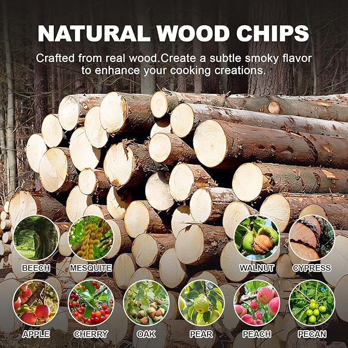 6 Pack Natural Wood Chips for Smoker Grill and Smoking Gun,Pear,Peach,Pecan,Beech, Mesquite and Cypress About 90g Each,Smoker Woodchips for BBQ Smoking Beef Pork Whisk