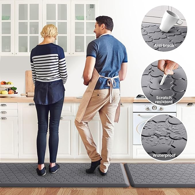 Kitchen Mat [2 PCS] Cushioned Anti-Fatigue Floor Mat Water Resistant Non-Skid Kitchen Mats and Rugs Ergonomic Comfort Foam Kitchen Rugs Standing Mat for Floor Office Sink(Grey,17.3"x28"+17.3"x60")