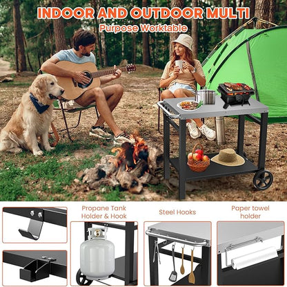 Double-Shelves Stainless Steel Flattop Grill Cart, Movable Kitchen Indoor & Outdoor Cooking Station, Fits Ninja/Ooni/Blackstone/Weber Q, Pizza Oven Food Prep Table for Party, 33.5"×21"