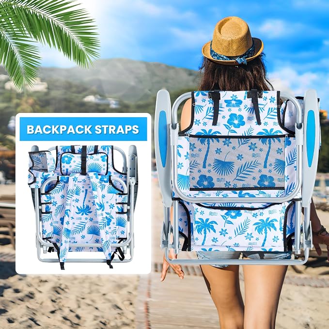 Portable Beach Chair for Adults, Outdoor Camping Chair Lay Flat Folding Backpack Beach Reclining Chair with 5 Positions, Headrest, Cup Holder, Heavy Blue Coconut Tree