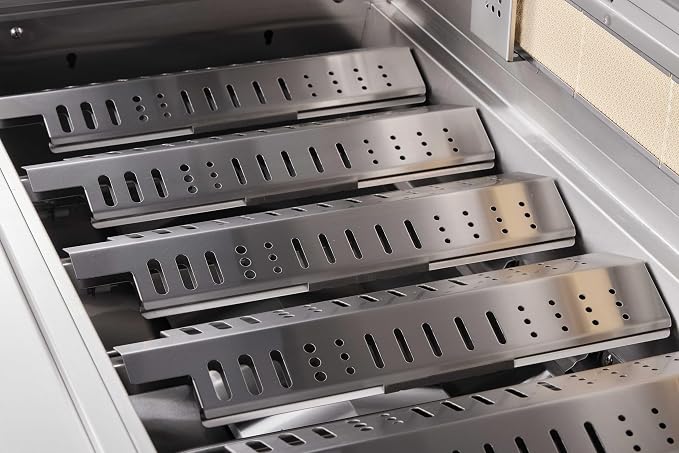 Mont Alpi Premium 94"W x 75"D x 46"H Stainless Steel L-shaped Modular Outdoor Kitchen Island with Infrared Side Burner + 44"W 6-Burner BBQ Gas Grill + Granite Countertops + Storage Cabinets + Drawers