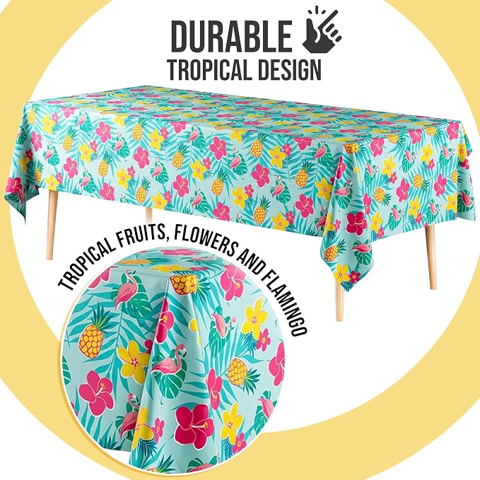Exquisite 66% Thicker Summer Tablecloth 12 Pack - Luau Hawaiian Tropical Plastic Tablecloth Rectangle 54x108 Inch - Disposable Table Cover - Flamingo Pineapple Palm Leaf Beach Pool Tiki Aloha Party