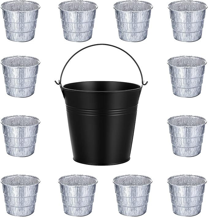 Patelai Drip Grease Bucket Can with 12 Pieces Disposable Foil Pads Grills Bucket Pads Wood Pellet Grills Replacement for Camp Wood Pellet Grill BBQ Accessories (Black)