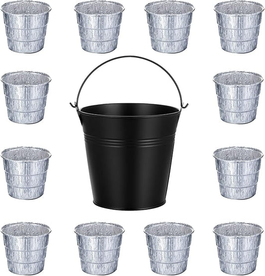 Patelai Drip Grease Bucket Can with 12 Pieces Disposable Foil Pads Grills Bucket Pads Wood Pellet Grills Replacement for Camp Wood Pellet Grill BBQ Accessories (Black)