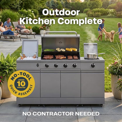 Tytus Fresno 66" 5-Burner Propane or Nat Gas Island Grill, 60K Total BTUs | Pre-assembled for fast install, 864 sq inch cooking area with Side Burner, Storage, Ice Bucket, On Wheels - Gunmetal Island