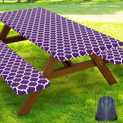 Smiry Picnic Table Cover with Bench Covers, Waterproof Elastic Fitted Tablecloth for 6 Foot Tables, Washable Polyester Tablecloths for Camping, Indoor & Outdoor (Purple, 30x72 Inch 3-pc Set)