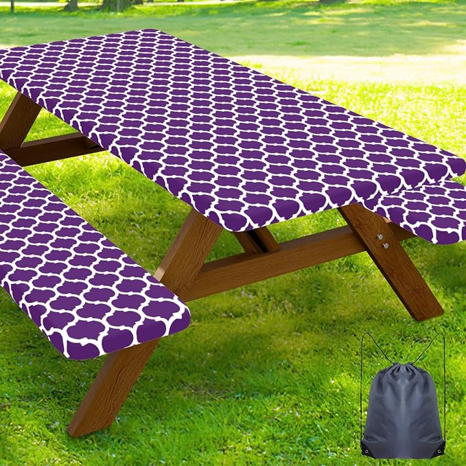 Smiry Picnic Table Cover with Bench Covers, Waterproof Elastic Fitted Tablecloth for 5 Foot Tables, Washable Polyester Tablecloths for Camping, Indoor & Outdoor (Purple, 30x60 Inch 3-pc Set)